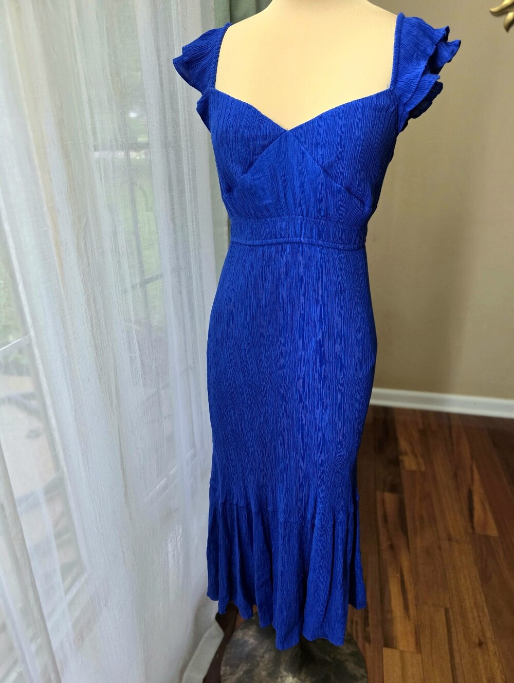 Royal Blue Crinkle Maxi Dress Flutter Sleeve Mermaid Stretch Blue Pepper Small